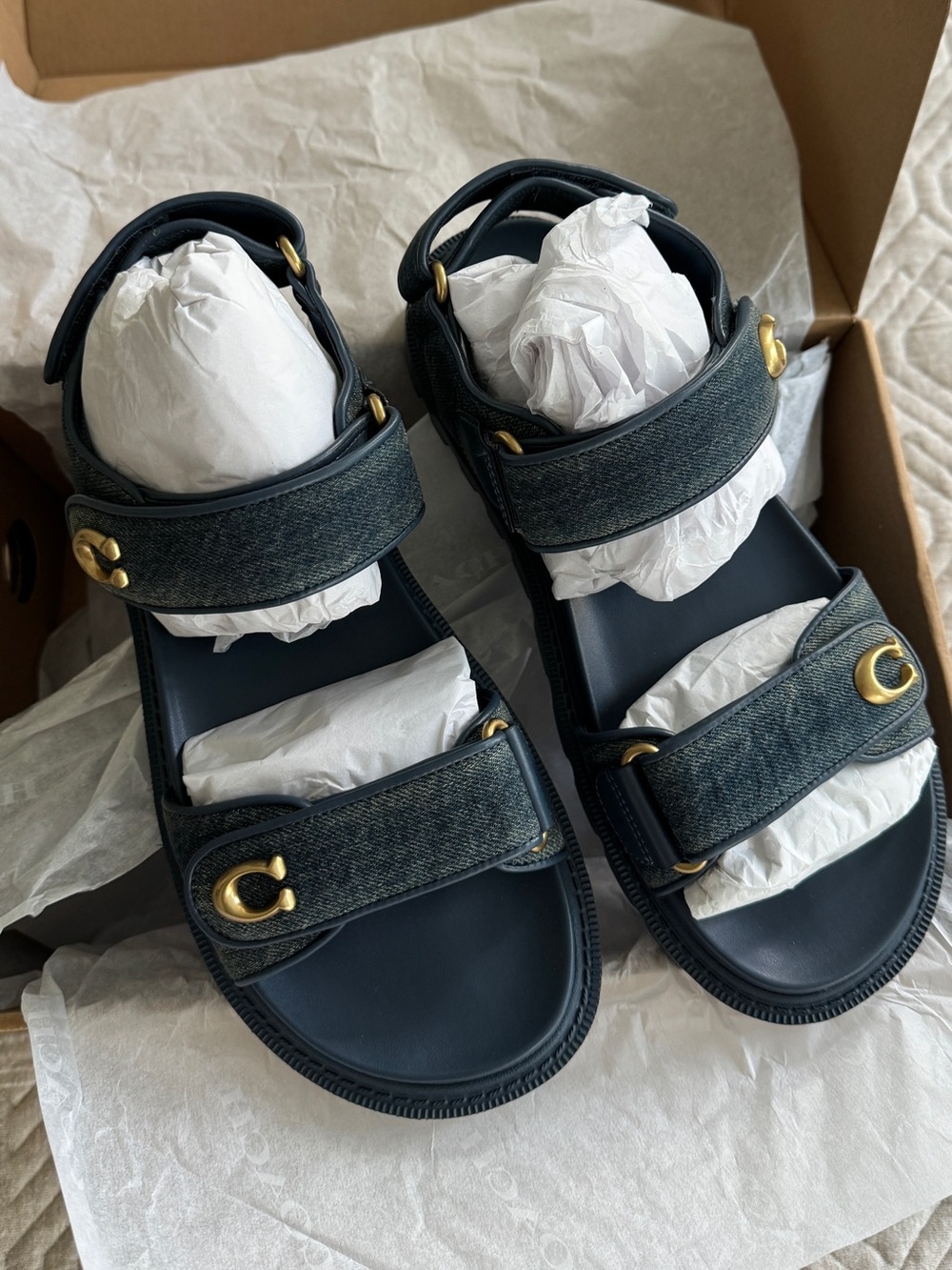 Coach Brynn Denim Sandals in Dark Indigo Blue, 8.5 with C brass logo